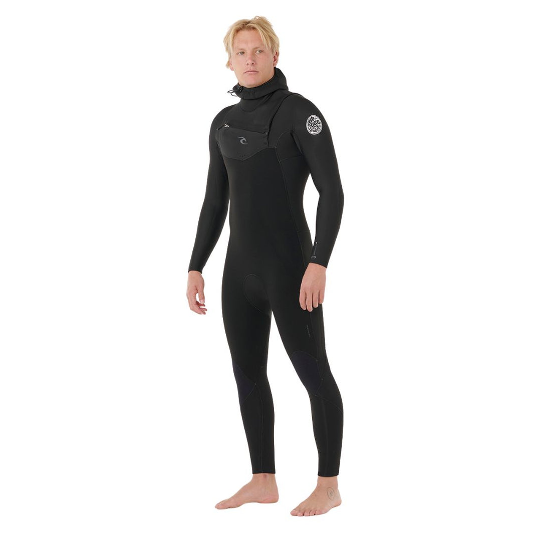 Person wearing a black wetsuit on white background