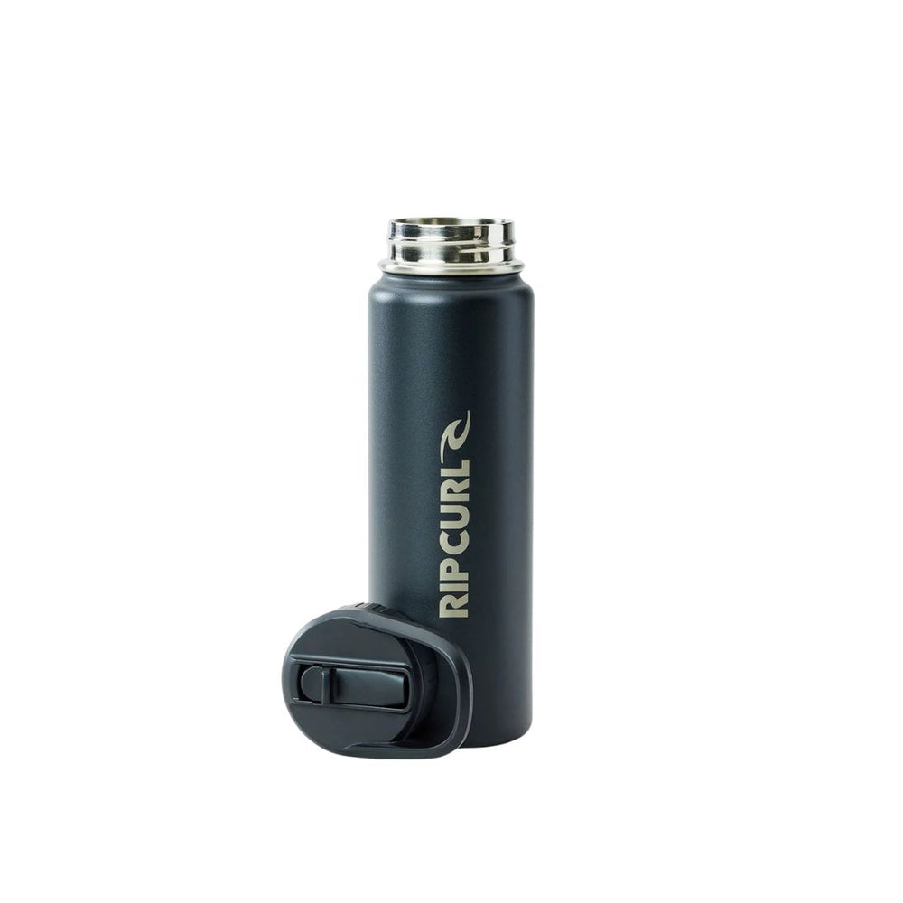 Black water bottle with silver cap and Rip Curl logo on a white background