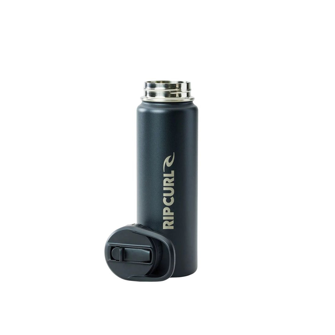 Black water bottle with silver cap and Rip Curl logo on a white background