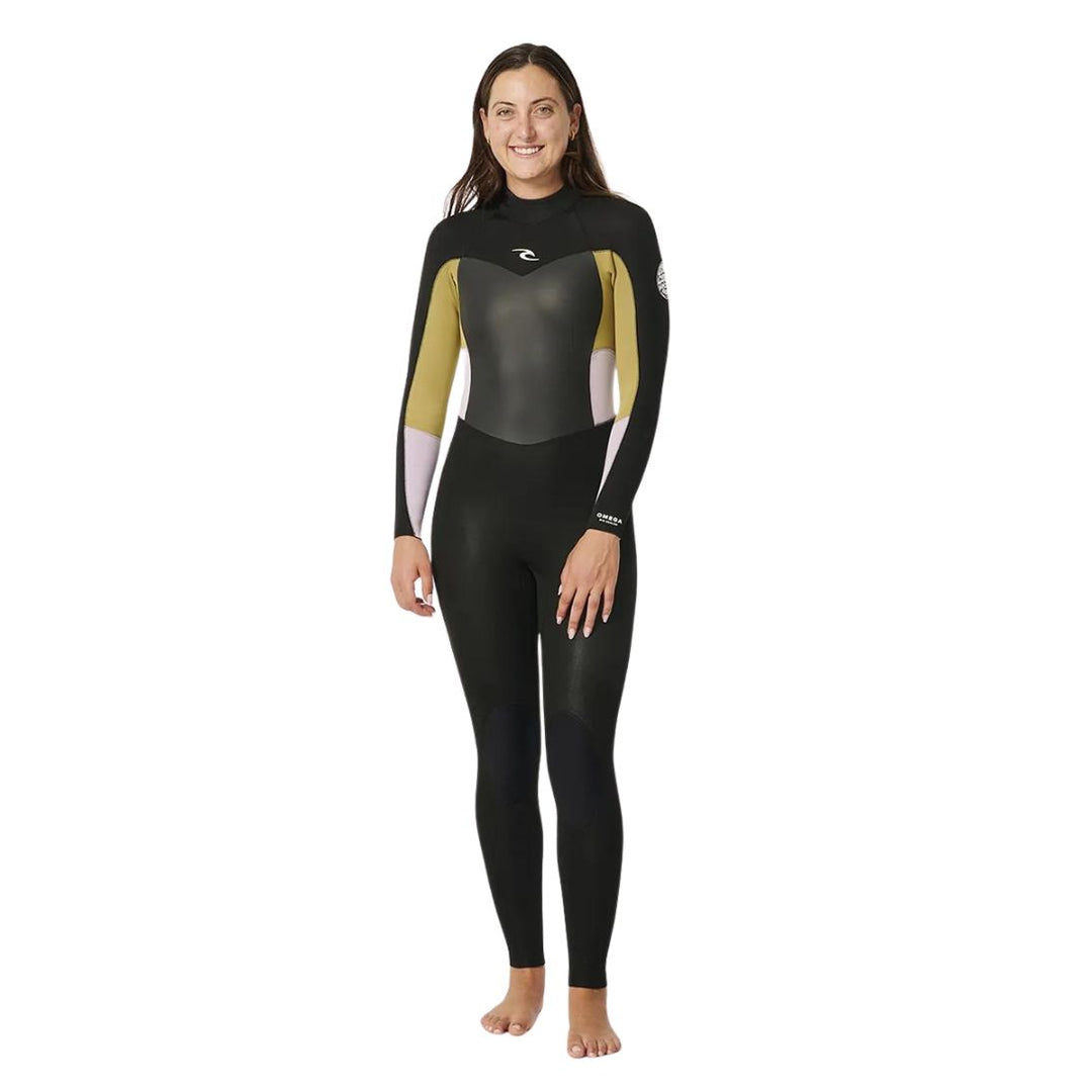 Studio Photo of Rip Curl Omega 4/3 Backzip womens wetsuit in black, khaki and white. Front view.