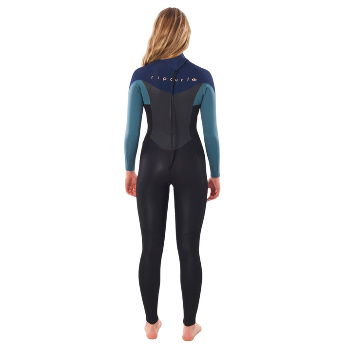 Studio Photo of Rip Curl Omega 4/3 Backzip womens wetsuit in black, teal and blue. Back view.