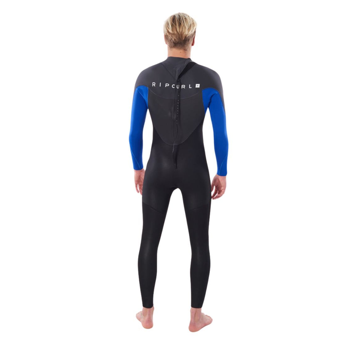 Studio Photo of Rip Curl Mens Omega 5/3 Backzip Mens Wetsuit with blue detail on the sleeves. Back view. 