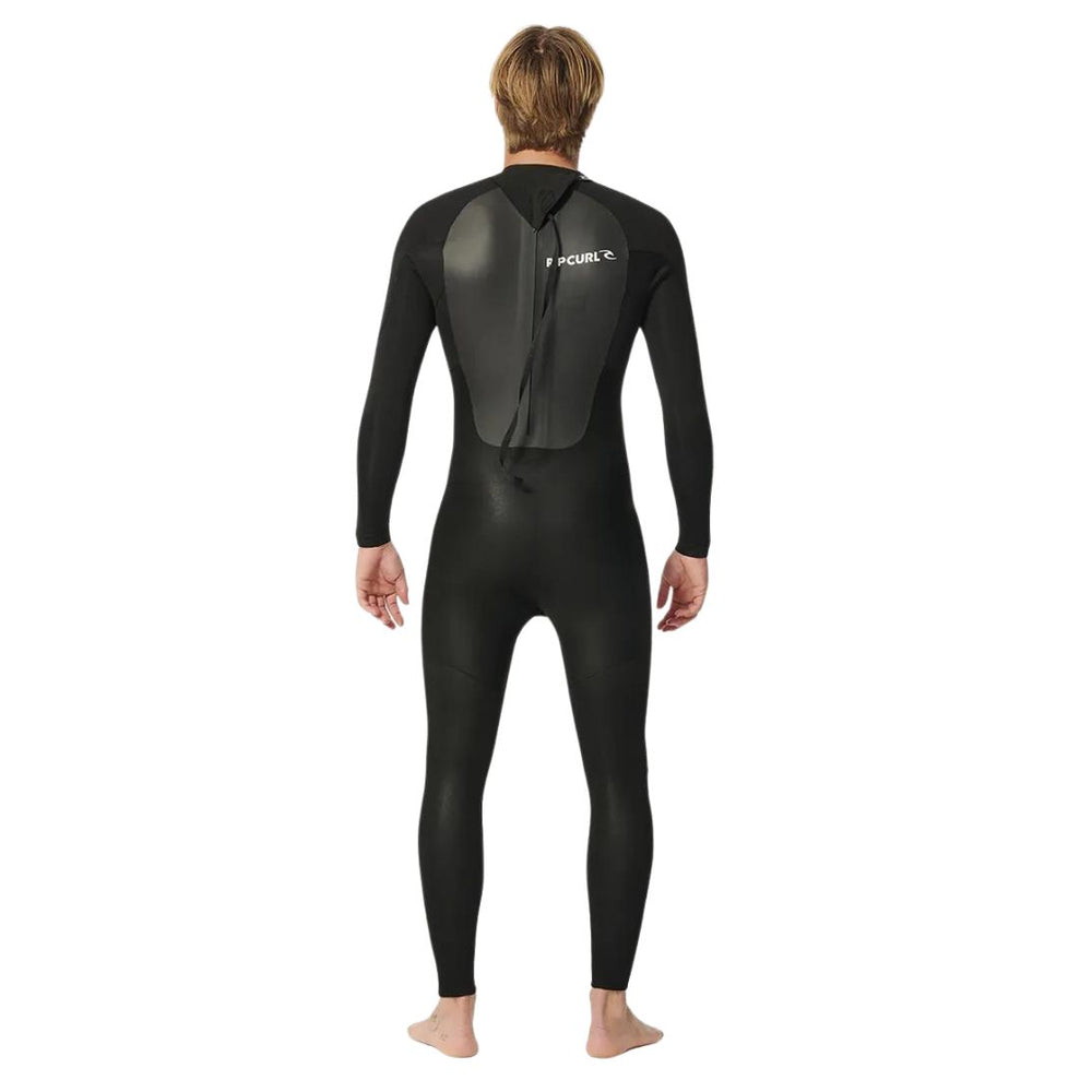 Model wearing black Rip Curl Omega 5mm mens wetsuit with a back zip. View of the back. 