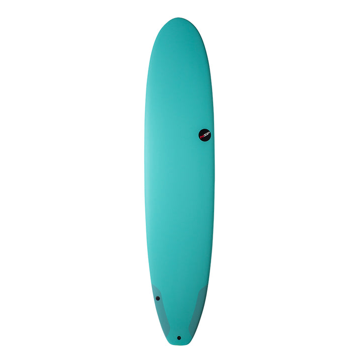 A top view of 9ft long mint green longboard surfboard 