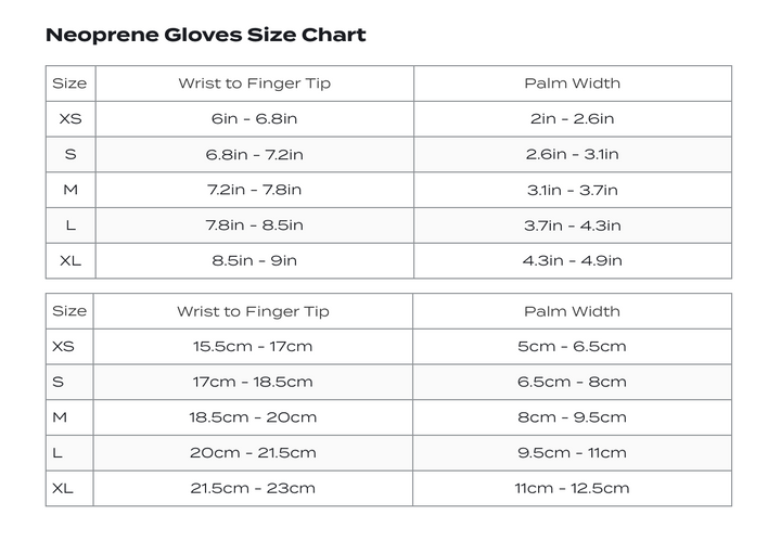 Size Chart for Zone3 Heat Tech Gloves for swimming