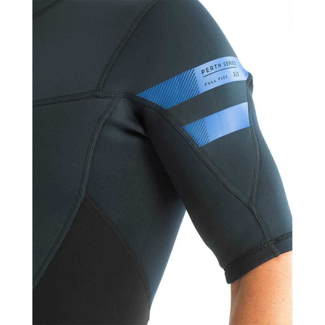 Male model wearing Jobe Perth 3mm Mens Shorty Wetsuit with a back zip entry. Close up view of the sleeve 