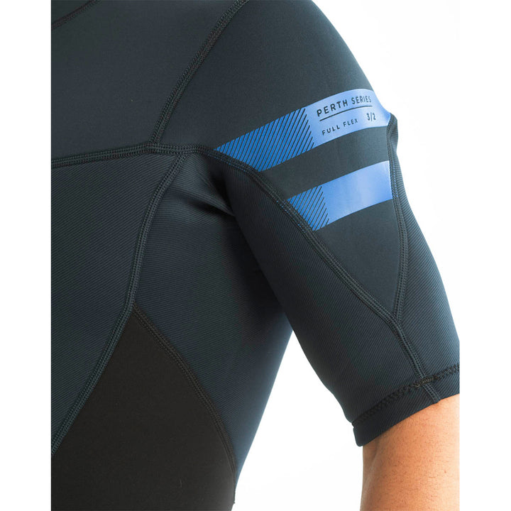 Male model wearing Jobe Perth 3mm Mens Shorty Wetsuit with a back zip entry. Close up view of the sleeve 