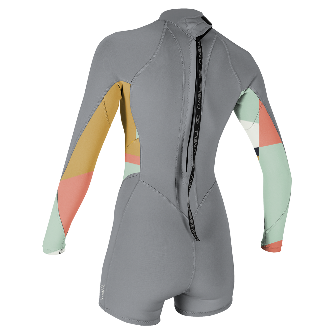 O'Neill Bahia 2/1mm Long Sleeved, Back Zip Womens Shorty Wetsuit featuring a combination of solid grey body and patterned print design on the sleeves. View of the back.