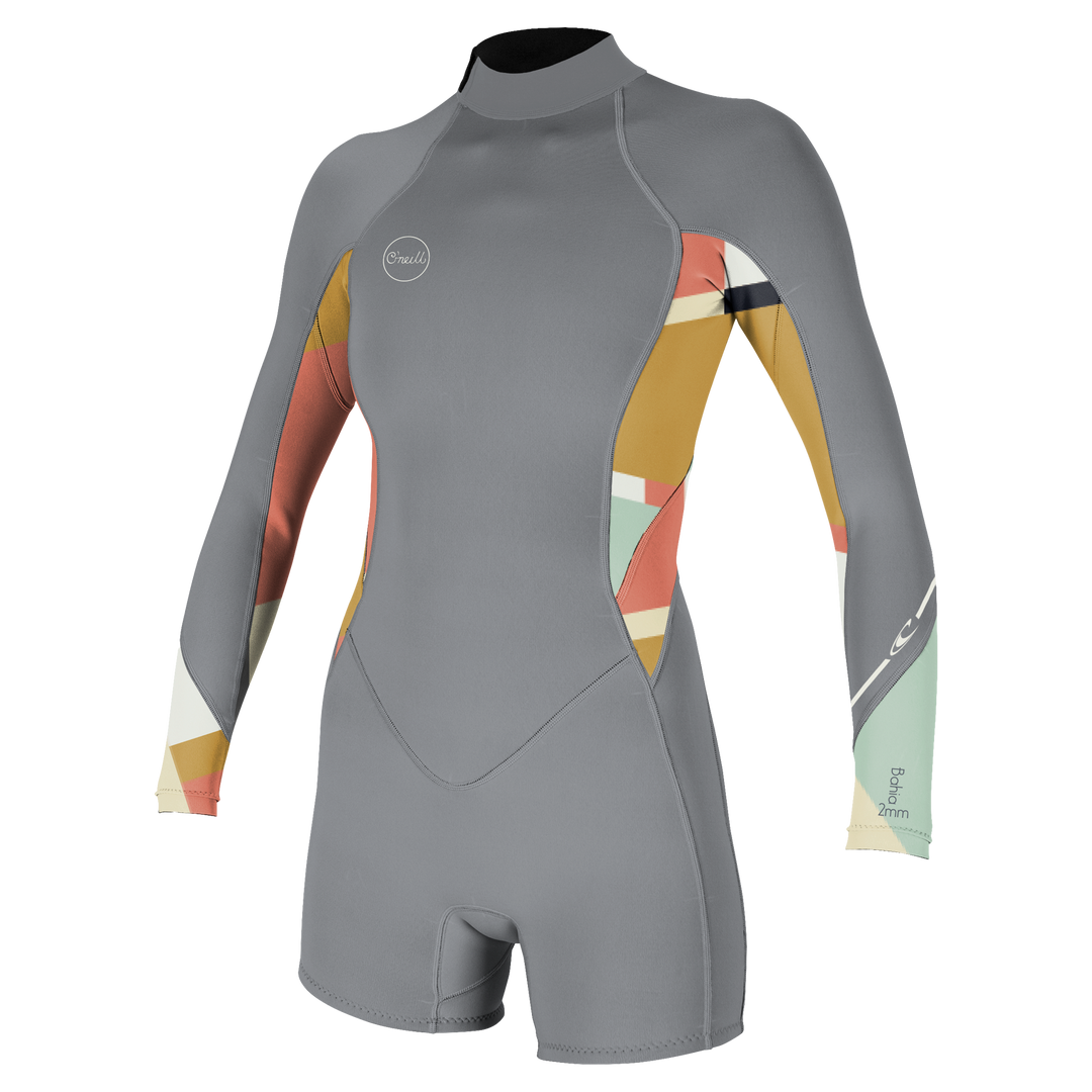 O'Neill Bahia 2/1mm Long Sleeved, Back Zip Womens Shorty Wetsuit featuring a combination of solid grey body and multicoloured patterned print design.