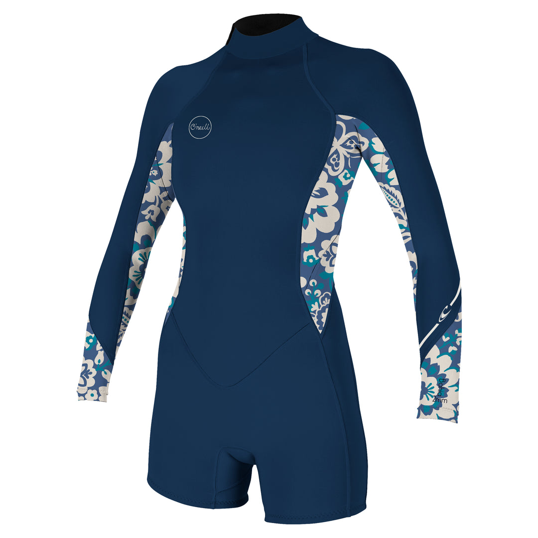 O'Neill Bahia 2/1mm Long Sleeved, Back Zip Womens Shorty Wetsuit featuring a combination of solid navy and a floral patterned print design on the sleeves. View of the front.