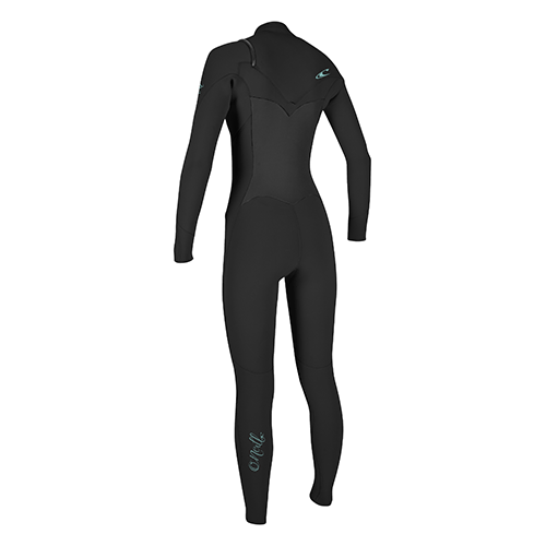 A black O'Neill women's chest zip wetsuit with 3/2mm thickness, designed for watersports. View of back. 