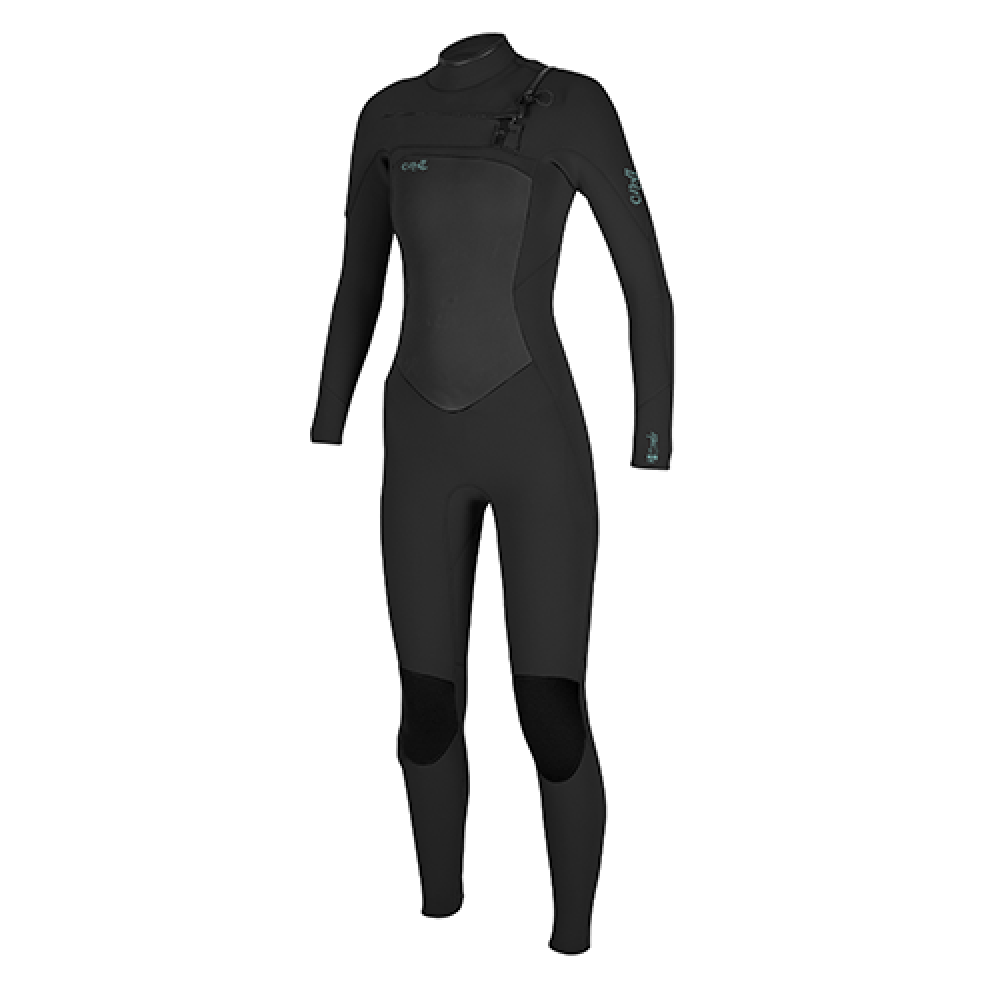 A black O'Neill women's chest zip wetsuit with 3/2mm thickness, designed for watersports. View of front. 