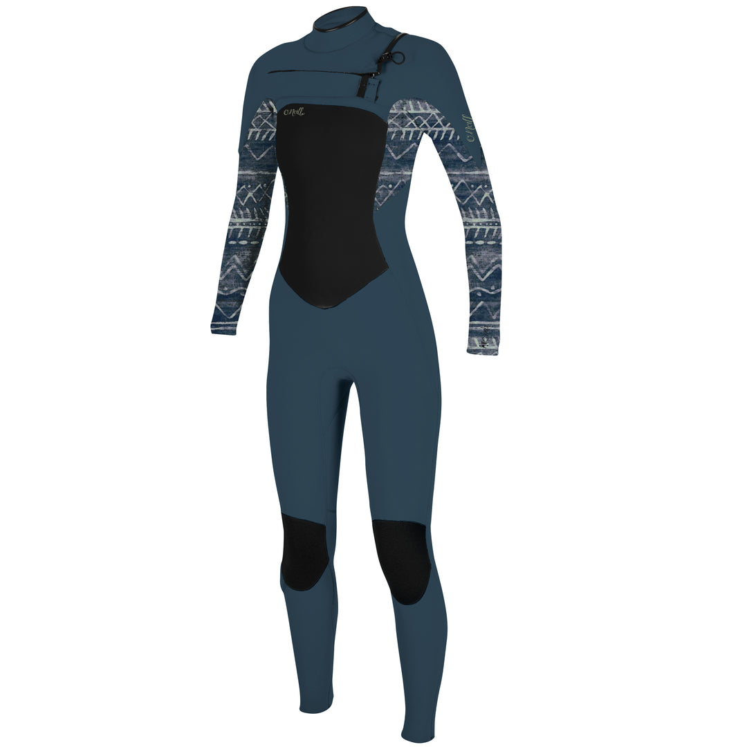 A girl wearing a full-body O'Neill wetsuit with chest zip, in a geometric pattern, primarily in dark colors.