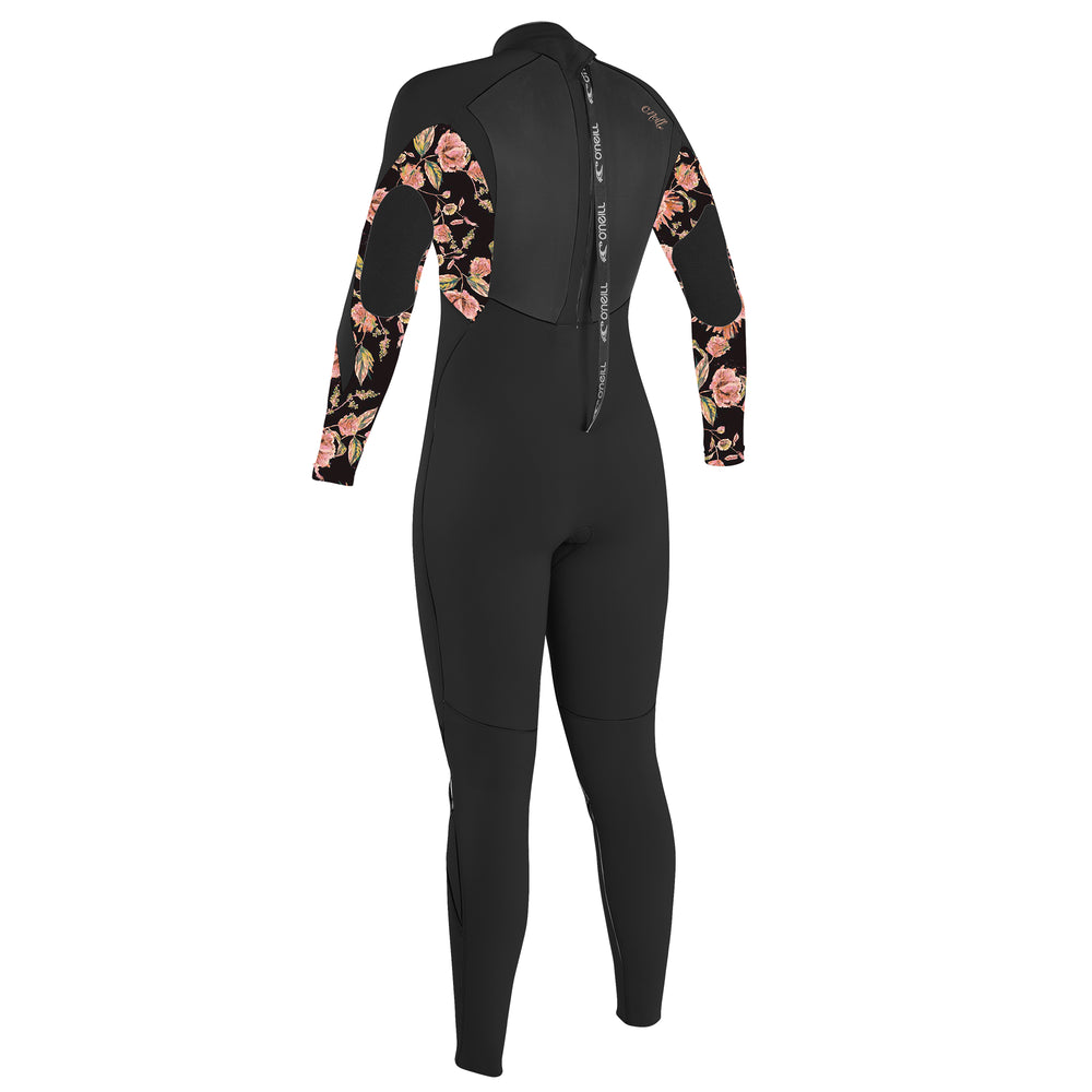 Back view of girls full length black wetsuit with floral patterns on the sleeves and a back zip entry. 