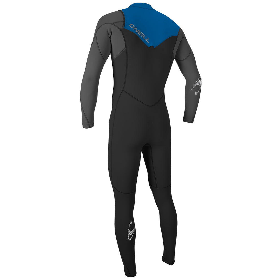 A child's full-body O'Neill kids wetsuit with chest zip entry, featuring long grey sleeves and black colour predominance with blue panel around the neck and upper back. View of the back.