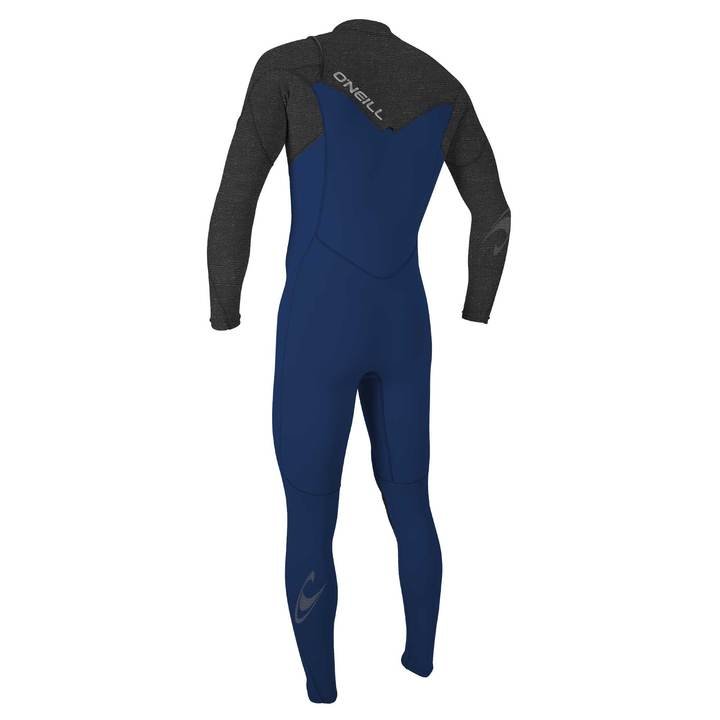 A child's full-body wetsuit with chest zip entry, featuring long sleeves and dark color predominance with light gray panels on the sides. View of the back. 
