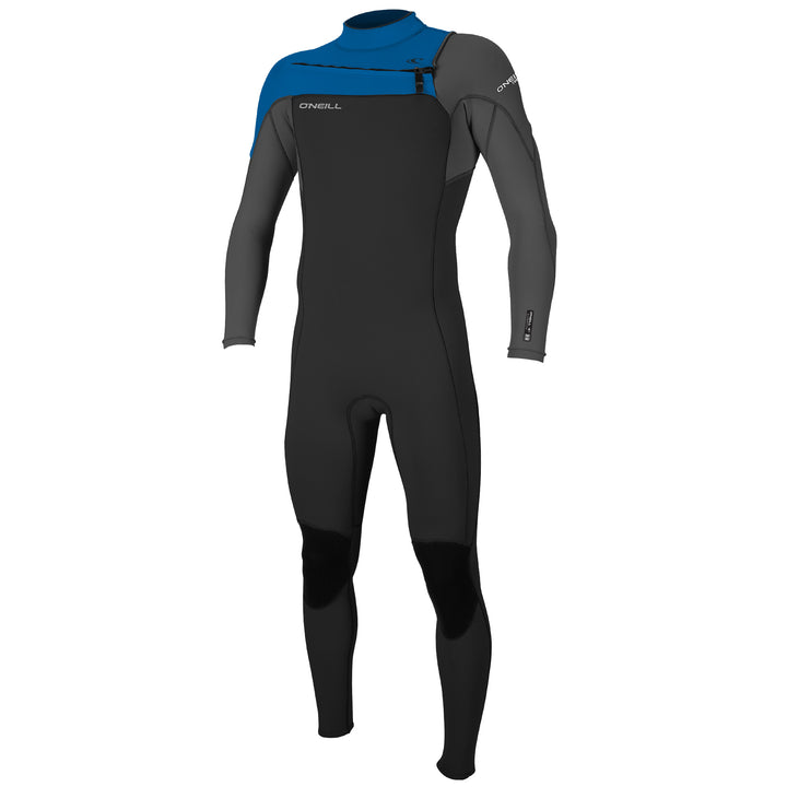 A child's full-body O'Neill kids wetsuit with chest zip entry, featuring long grey sleeves and black colour predominance with blue panel around the chest zip. View of the front.