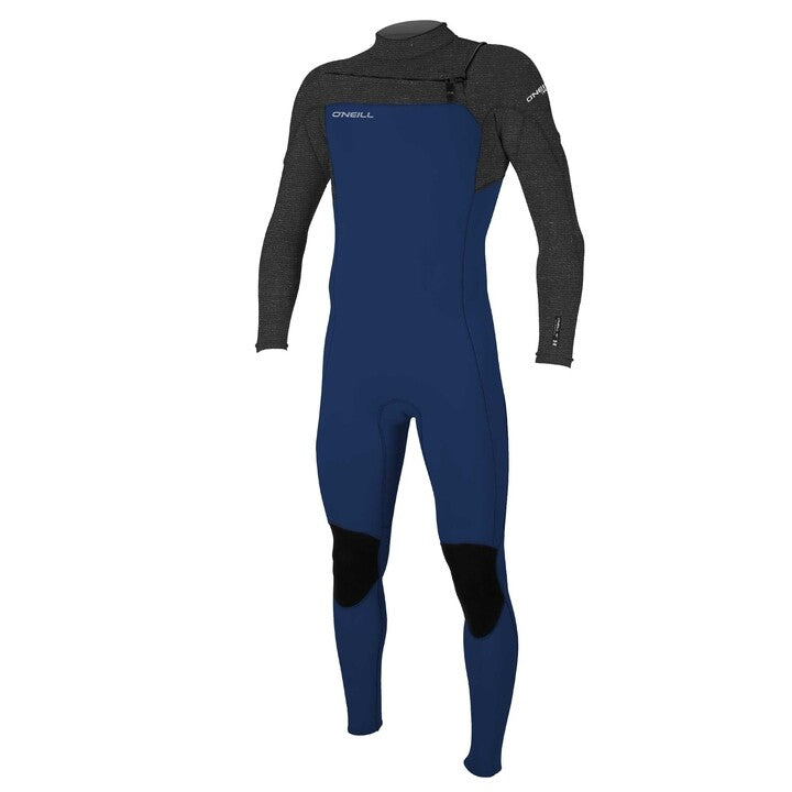 A child's full-body wetsuit with chest zip entry, featuring long sleeves and dark color predominance with light gray panels on the sides.