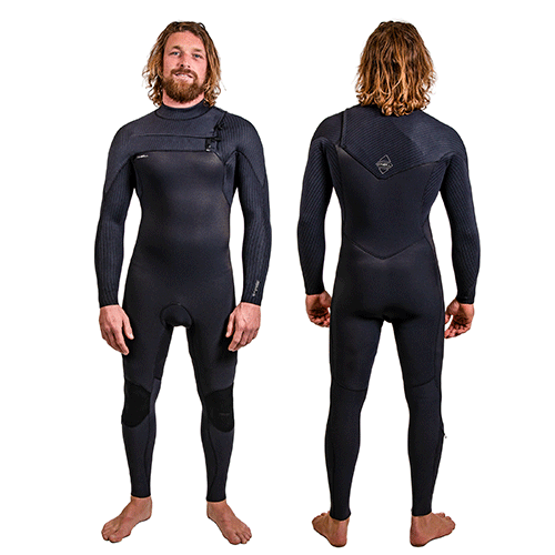 Model wearing Black O'Neill Hyperfreak 5/4+mm Mens Wetsuit with a Chest Zip, show the front and the back view. 