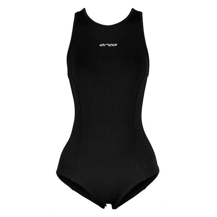 Product photo of an Orca neoprene one piece swimsuit front view. . 