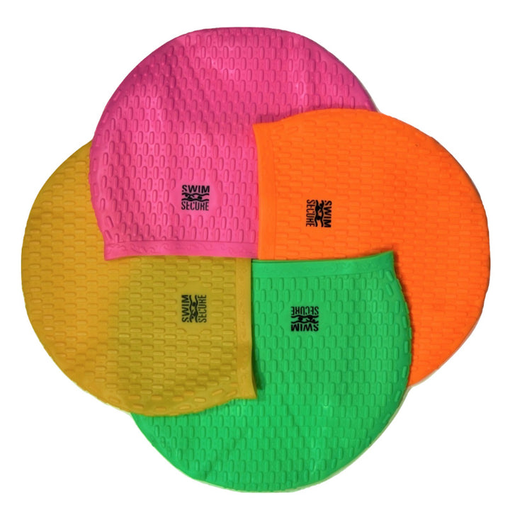 Picture of Swim Secure silicone bubble swim caps in Pink, Orange, Green, and Yellow.  